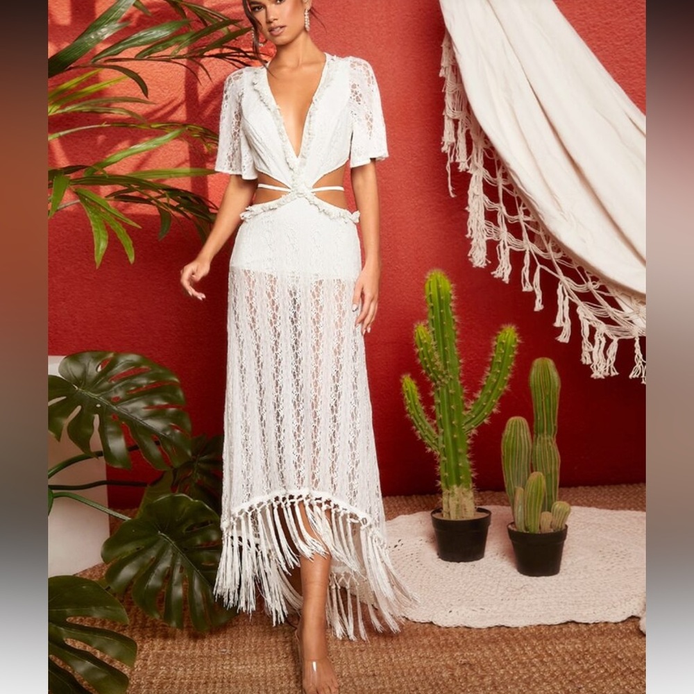 Elegant White Lace Fringe Dress